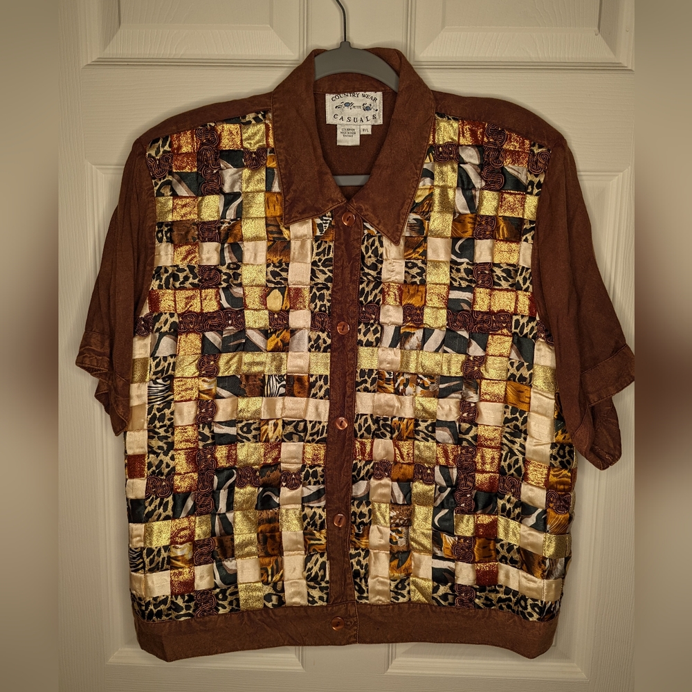 Vintage Country Wear Casuals Women's gold & tan quilt pattern blouse size PL